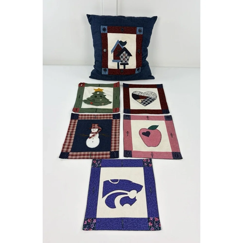 Handmade Interchangeable Button On Quilted Seasonal Holiday Pillow Cover Set 6pc
